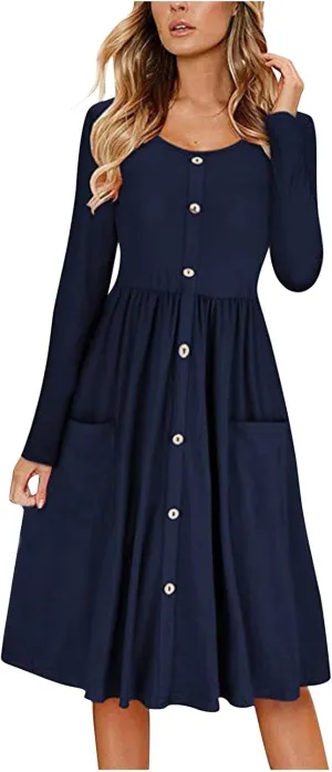Womens Spring Dresses Casual Long Sleeve Crew Neck Button Down Elegant Swing Midi Dress High Waisted Sundress Holiday Outfits