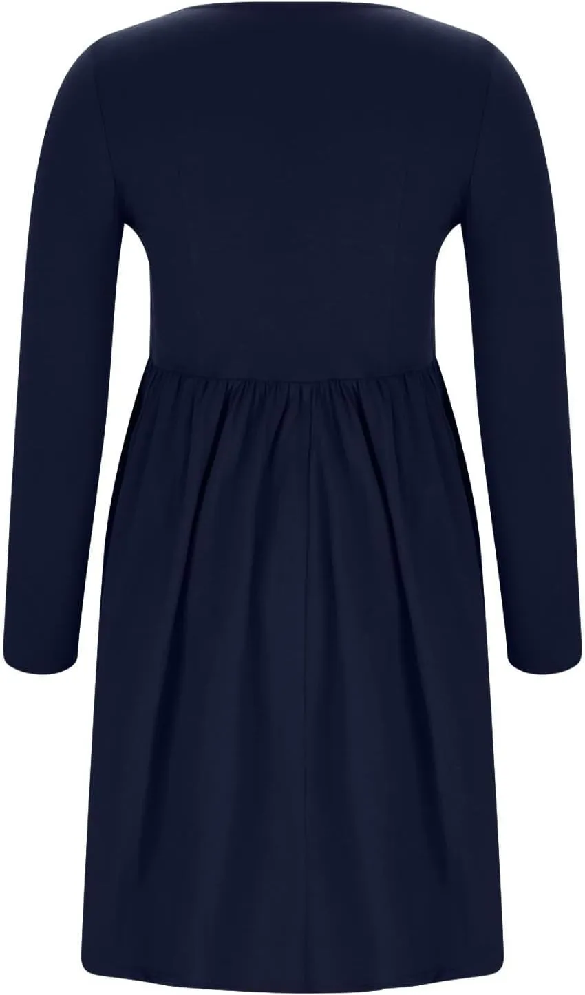 Womens Spring Dresses Casual Long Sleeve Crew Neck Button Down Elegant Swing Midi Dress High Waisted Sundress Holiday Outfits