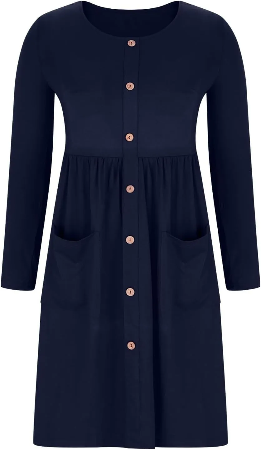 Womens Spring Dresses Casual Long Sleeve Crew Neck Button Down Elegant Swing Midi Dress High Waisted Sundress Holiday Outfits
