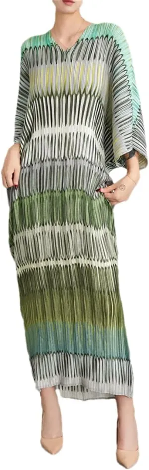 Women's Striped Pleated Dress Puff Sleeve Loose Plus Size 3/4 Sleeve V-Neck Midi Dresses
