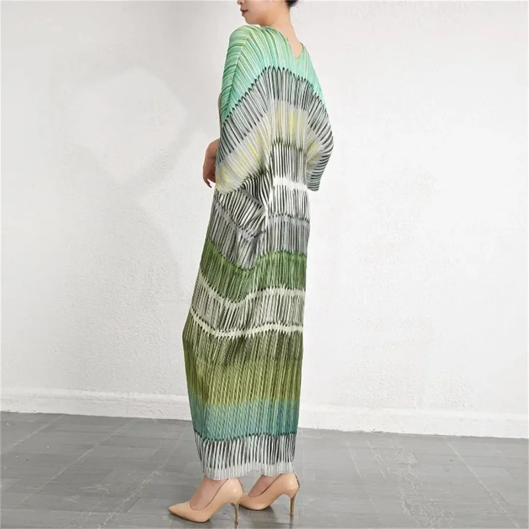 Women's Striped Pleated Dress Puff Sleeve Loose Plus Size 3/4 Sleeve V-Neck Midi Dresses