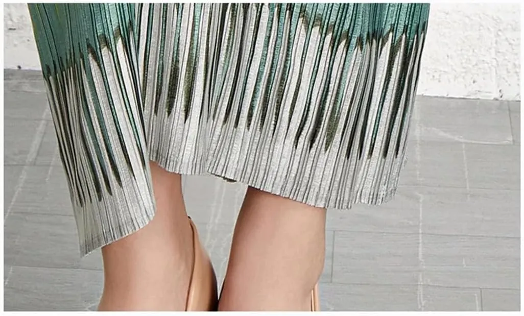Women's Striped Pleated Dress Puff Sleeve Loose Plus Size 3/4 Sleeve V-Neck Midi Dresses