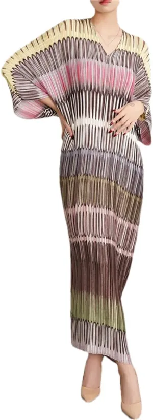 Women's Striped Pleated Dress Puff Sleeve Loose Plus Size 3/4 Sleeve V-Neck Midi Dresses