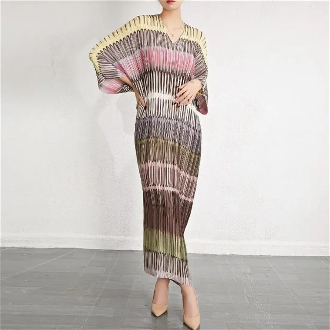 Women's Striped Pleated Dress Puff Sleeve Loose Plus Size 3/4 Sleeve V-Neck Midi Dresses