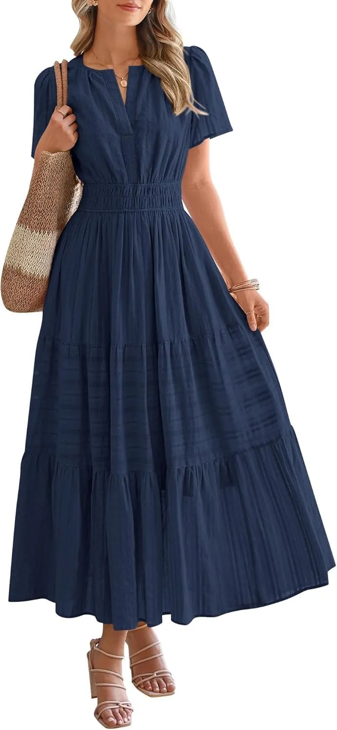 Womens Summer 2025 Casual Midi Maxi Dresses Lightweight Short Sleeve V Neck Elastic Waist Boho Beach Dress Pockets