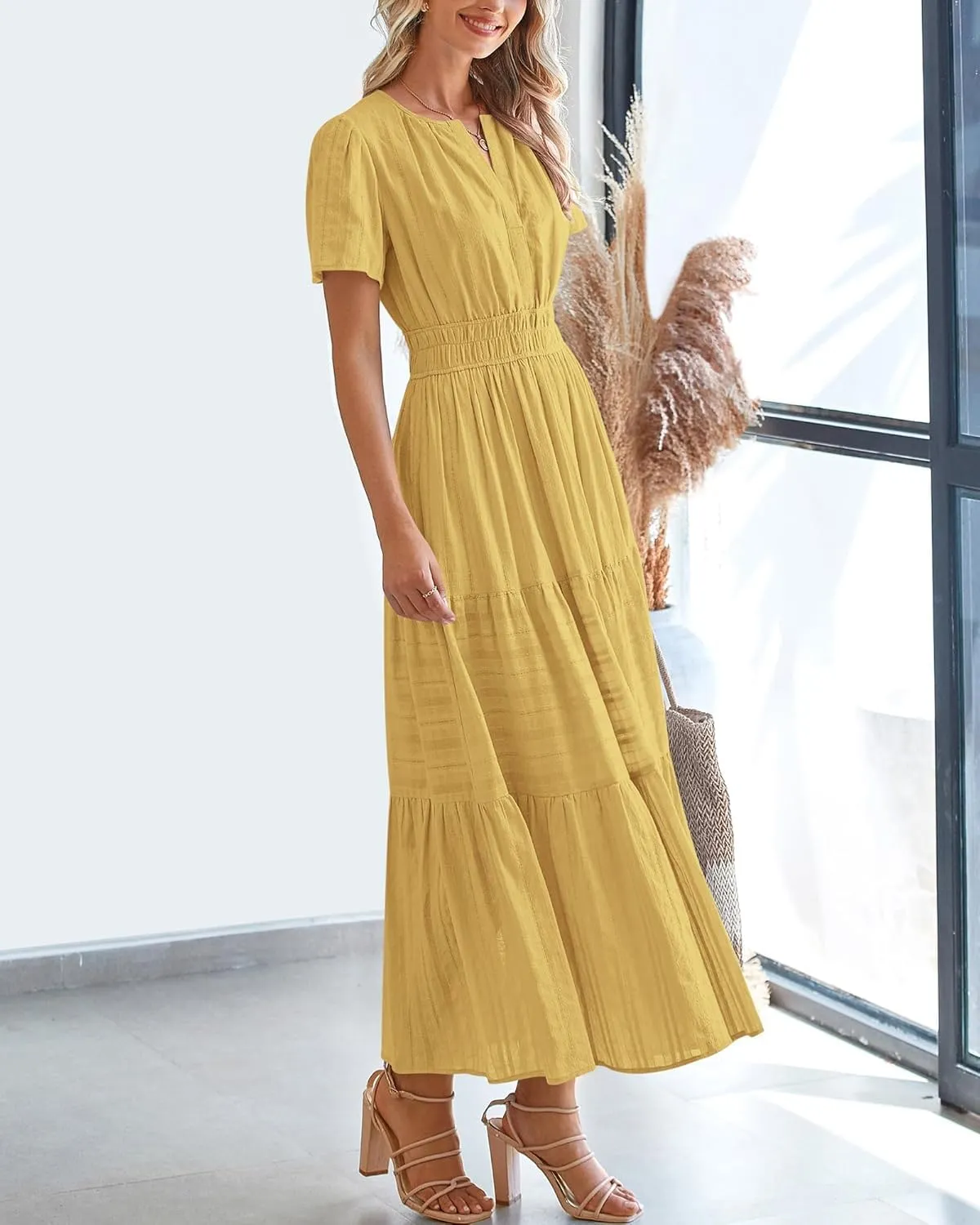 Womens Summer 2025 Casual Midi Maxi Dresses Lightweight Short Sleeve V Neck Elastic Waist Boho Beach Dress Pockets