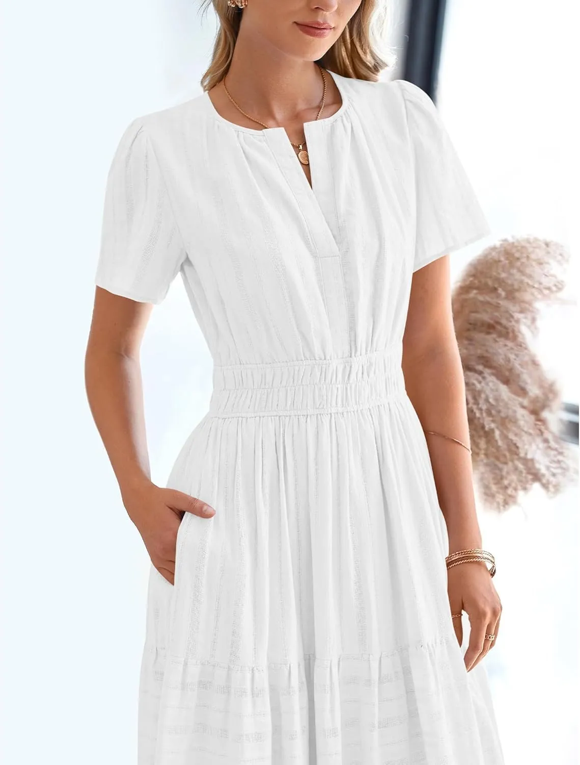 Womens Summer 2025 Casual Midi Maxi Dresses Lightweight Short Sleeve V Neck Elastic Waist Boho Beach Dress Pockets