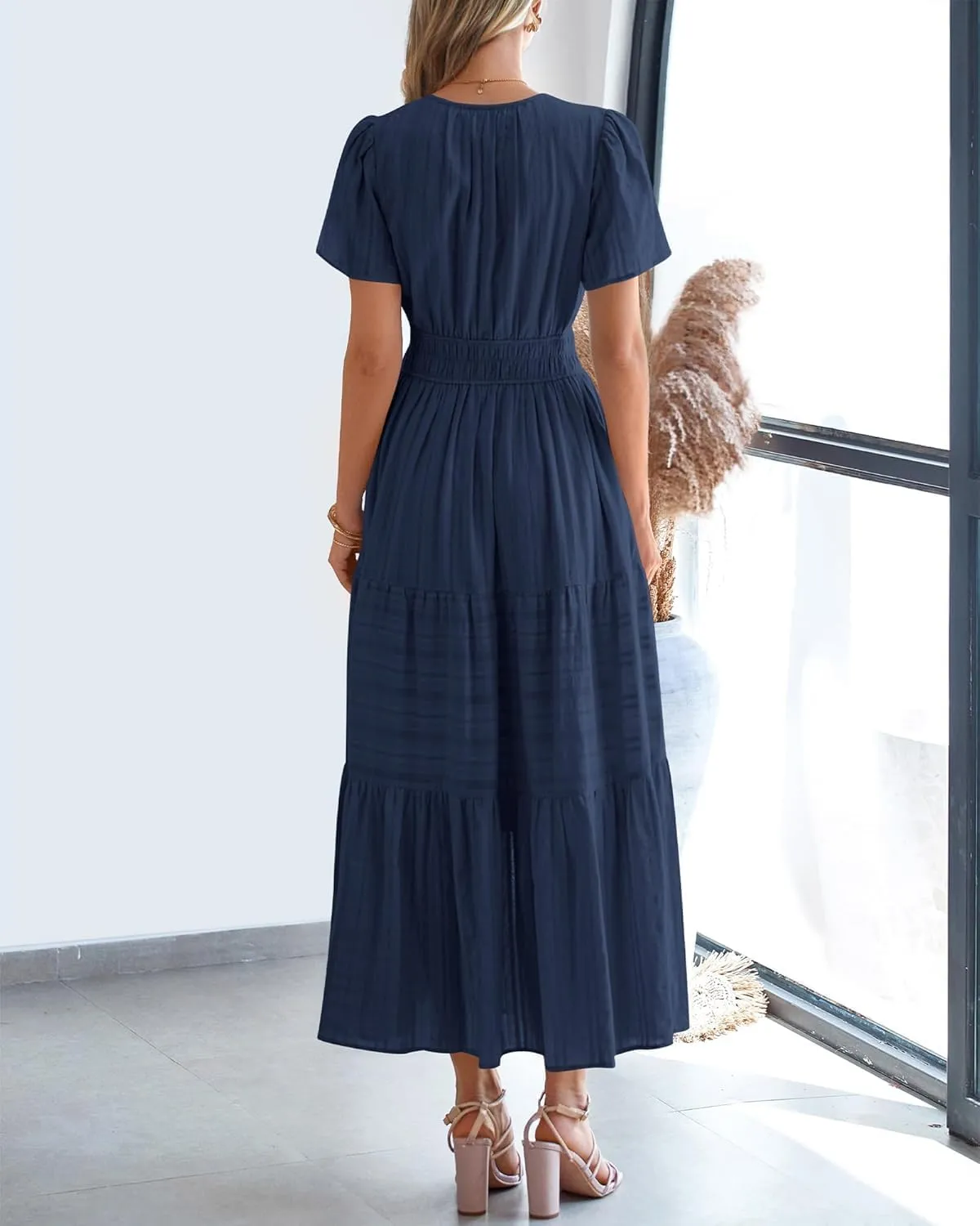 Womens Summer 2025 Casual Midi Maxi Dresses Lightweight Short Sleeve V Neck Elastic Waist Boho Beach Dress Pockets