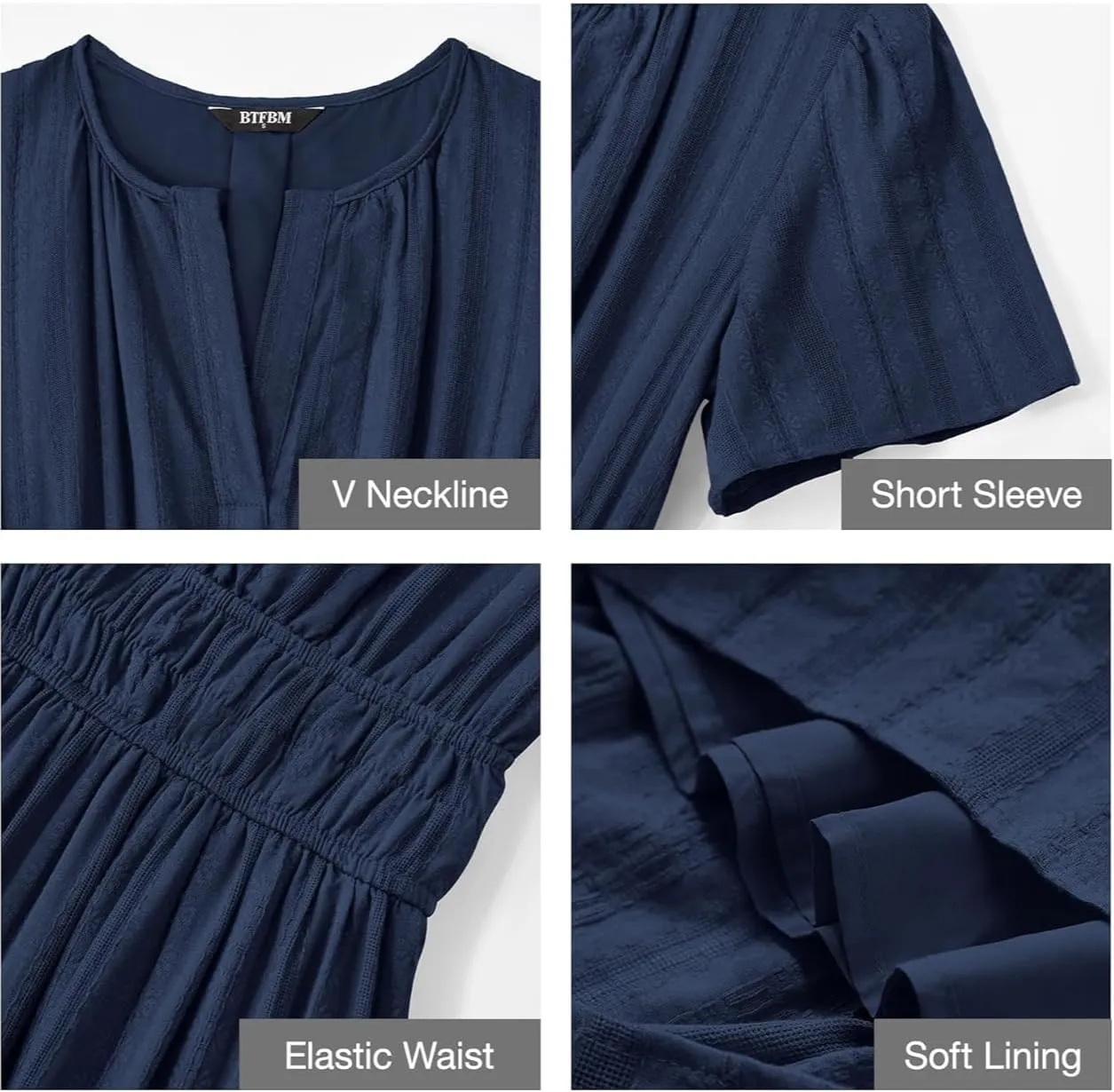Womens Summer 2025 Casual Midi Maxi Dresses Lightweight Short Sleeve V Neck Elastic Waist Boho Beach Dress Pockets