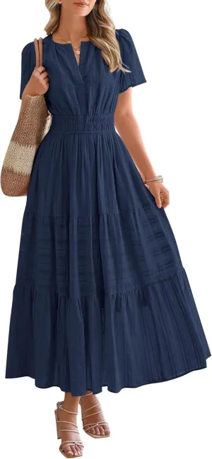 Womens Summer 2025 Casual Midi Maxi Dresses Lightweight Short Sleeve V Neck Elastic Waist Boho Beach Dress Pockets