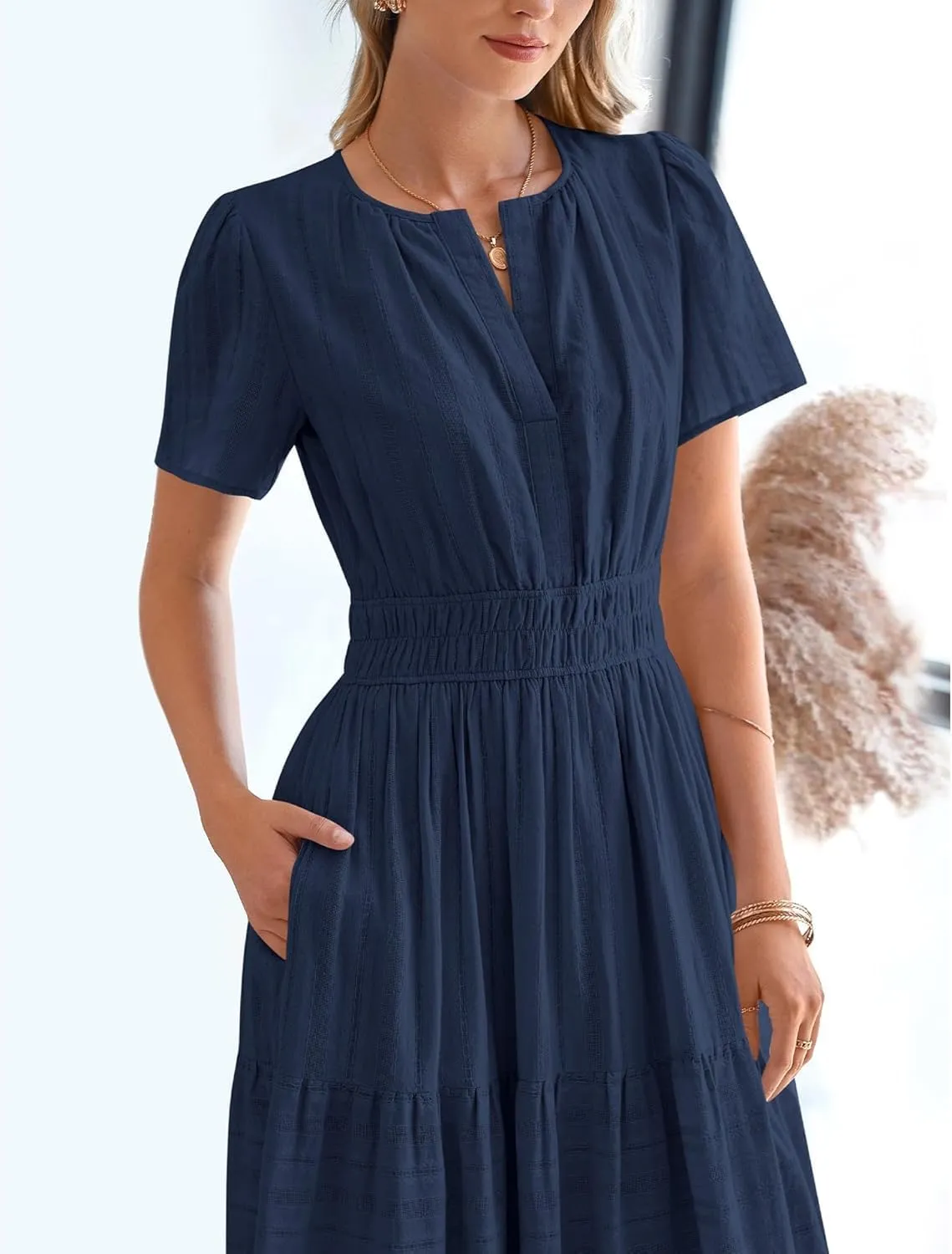 Womens Summer 2025 Casual Midi Maxi Dresses Lightweight Short Sleeve V Neck Elastic Waist Boho Beach Dress Pockets