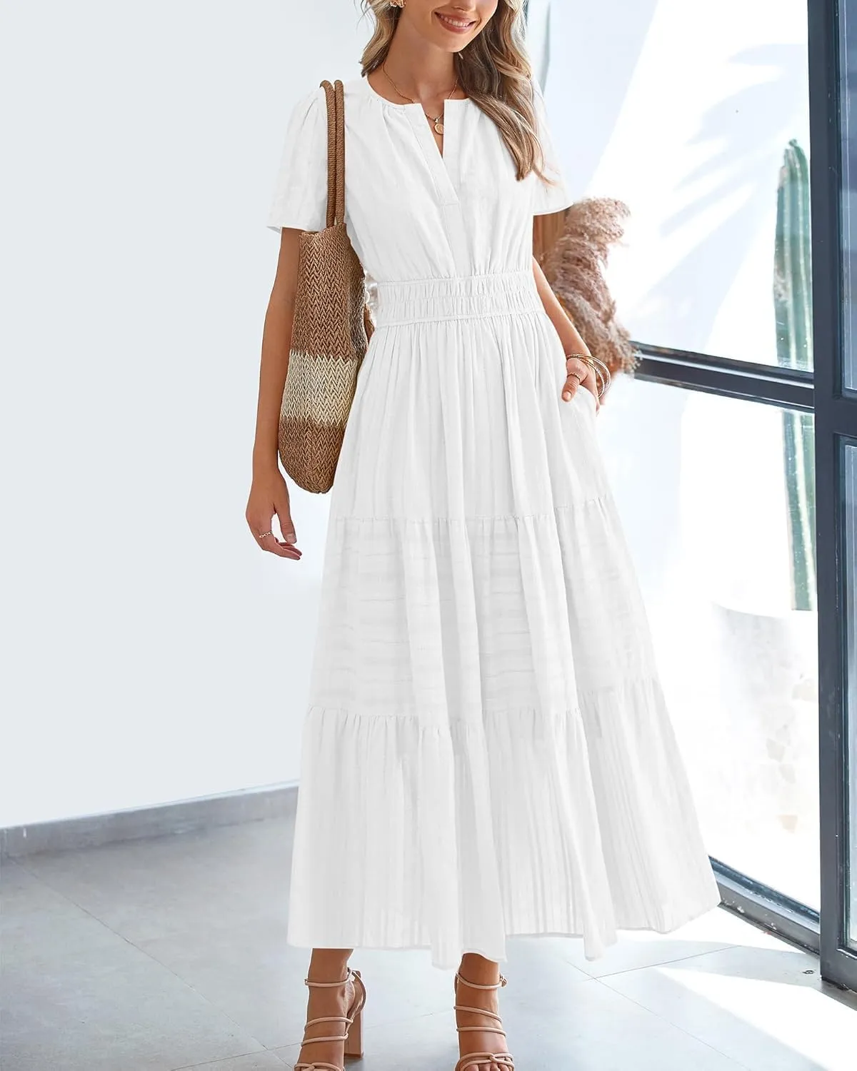 Womens Summer 2025 Casual Midi Maxi Dresses Lightweight Short Sleeve V Neck Elastic Waist Boho Beach Dress Pockets