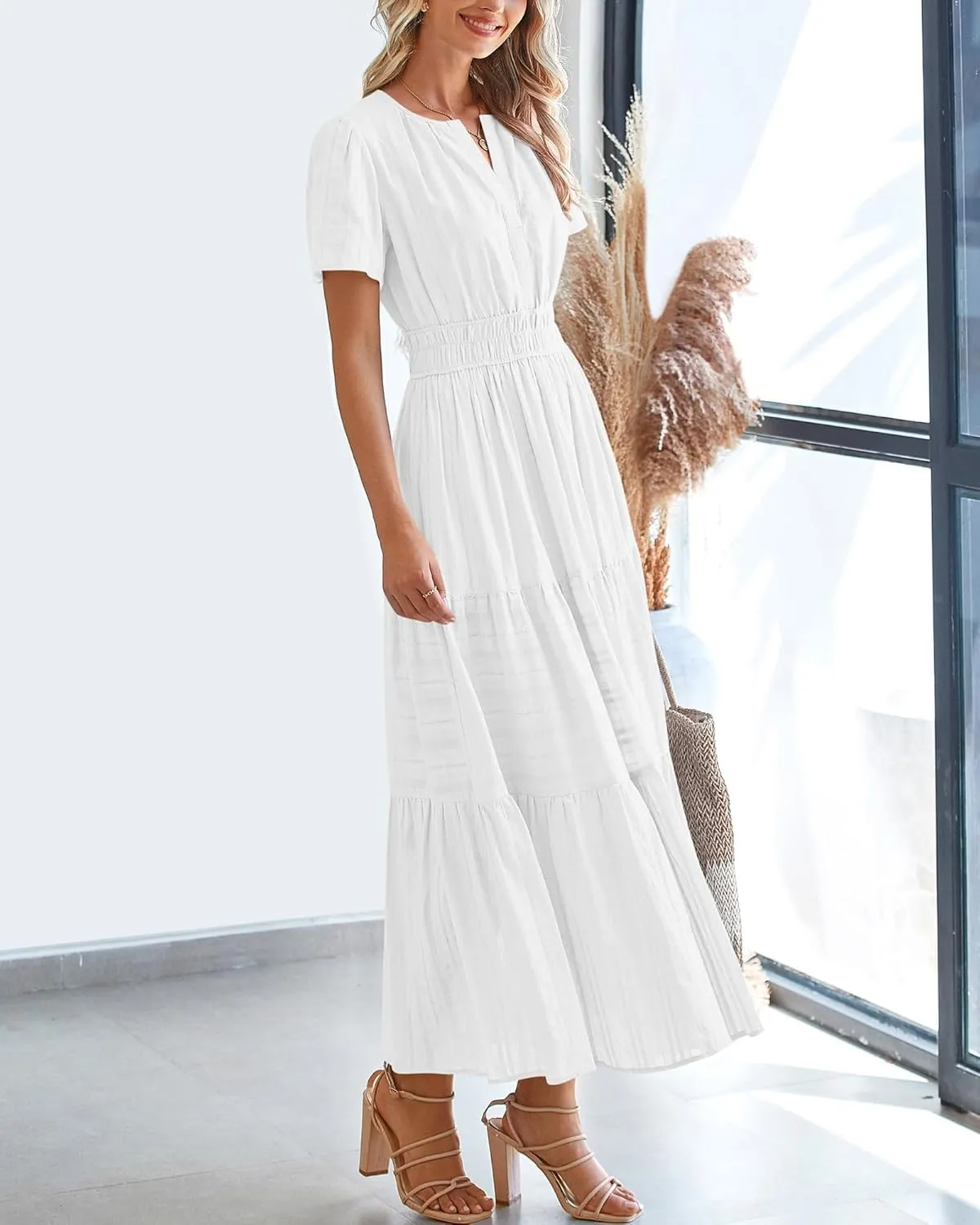 Womens Summer 2025 Casual Midi Maxi Dresses Lightweight Short Sleeve V Neck Elastic Waist Boho Beach Dress Pockets