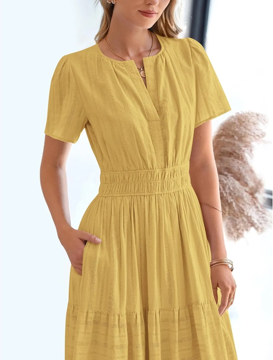 Womens Summer 2025 Casual Midi Maxi Dresses Lightweight Short Sleeve V Neck Elastic Waist Boho Beach Dress Pockets