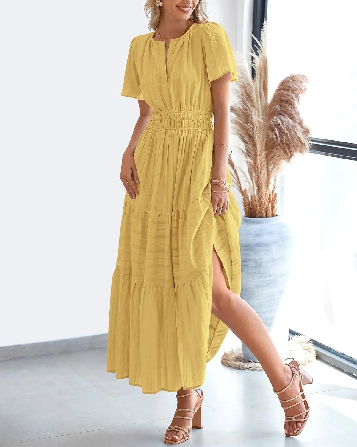 Womens Summer 2025 Casual Midi Maxi Dresses Lightweight Short Sleeve V Neck Elastic Waist Boho Beach Dress Pockets