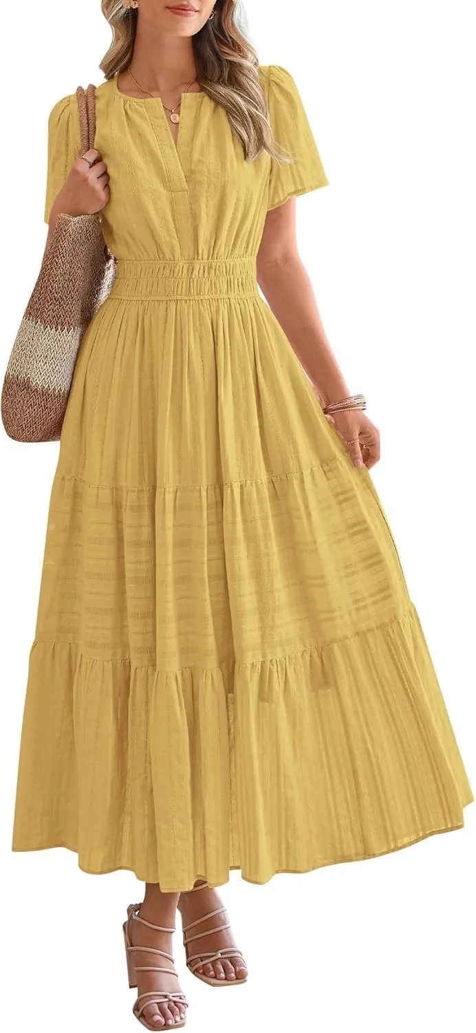 Womens Summer 2025 Casual Midi Maxi Dresses Lightweight Short Sleeve V Neck Elastic Waist Boho Beach Dress Pockets