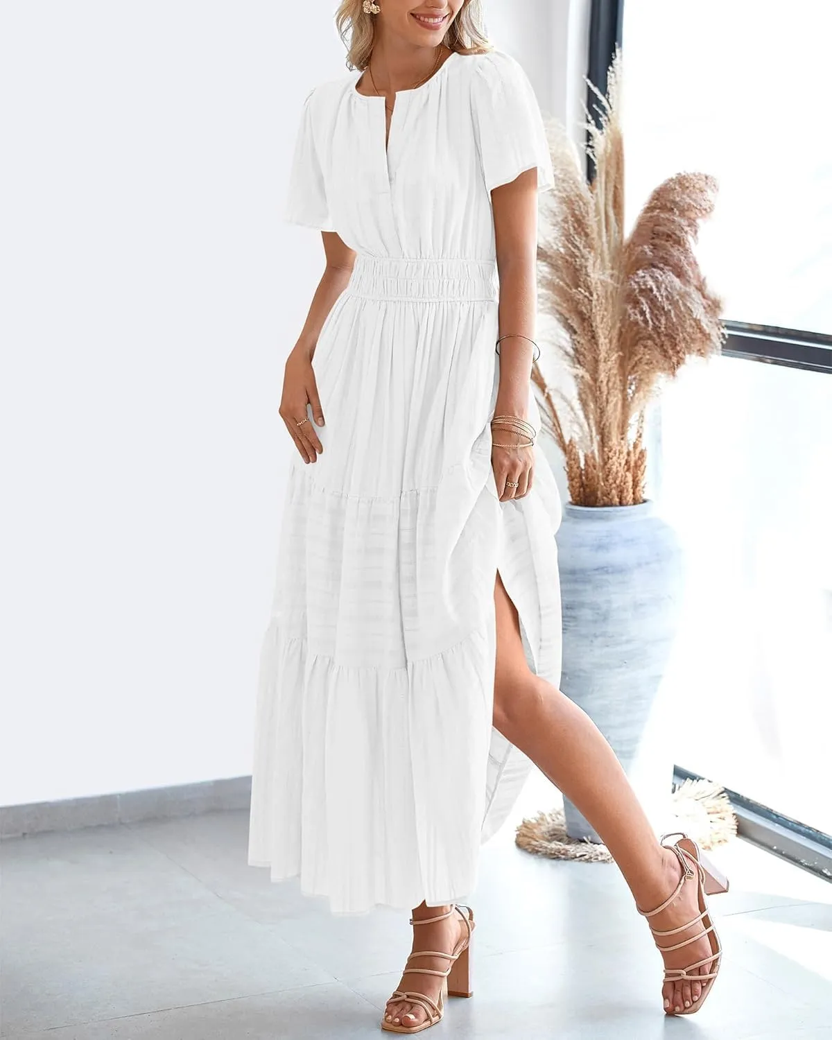 Womens Summer 2025 Casual Midi Maxi Dresses Lightweight Short Sleeve V Neck Elastic Waist Boho Beach Dress Pockets