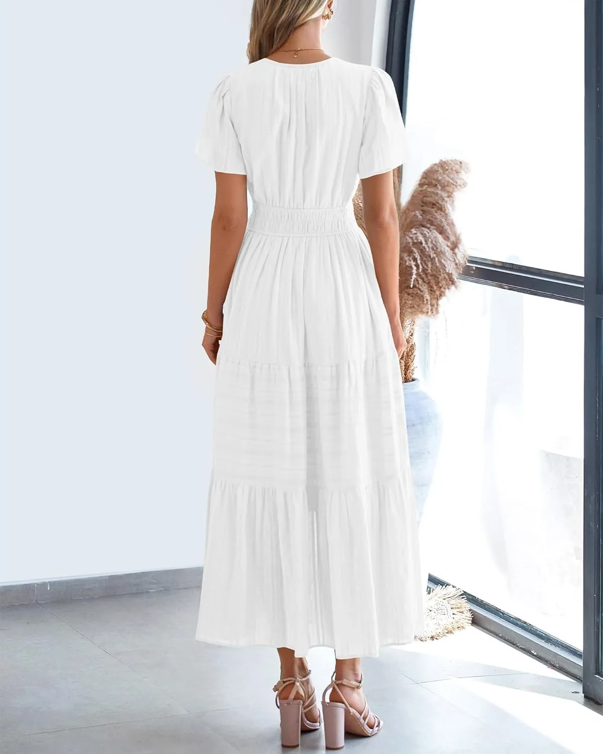 Womens Summer 2025 Casual Midi Maxi Dresses Lightweight Short Sleeve V Neck Elastic Waist Boho Beach Dress Pockets