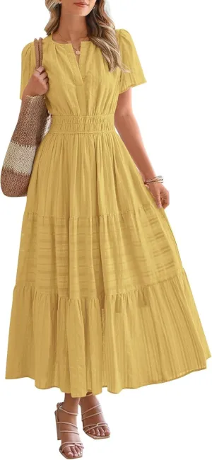 Womens Summer 2025 Casual Midi Maxi Dresses Lightweight Short Sleeve V Neck Elastic Waist Boho Beach Dress Pockets