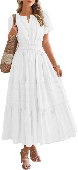 Womens Summer 2025 Casual Midi Maxi Dresses Lightweight Short Sleeve V Neck Elastic Waist Boho Beach Dress Pockets