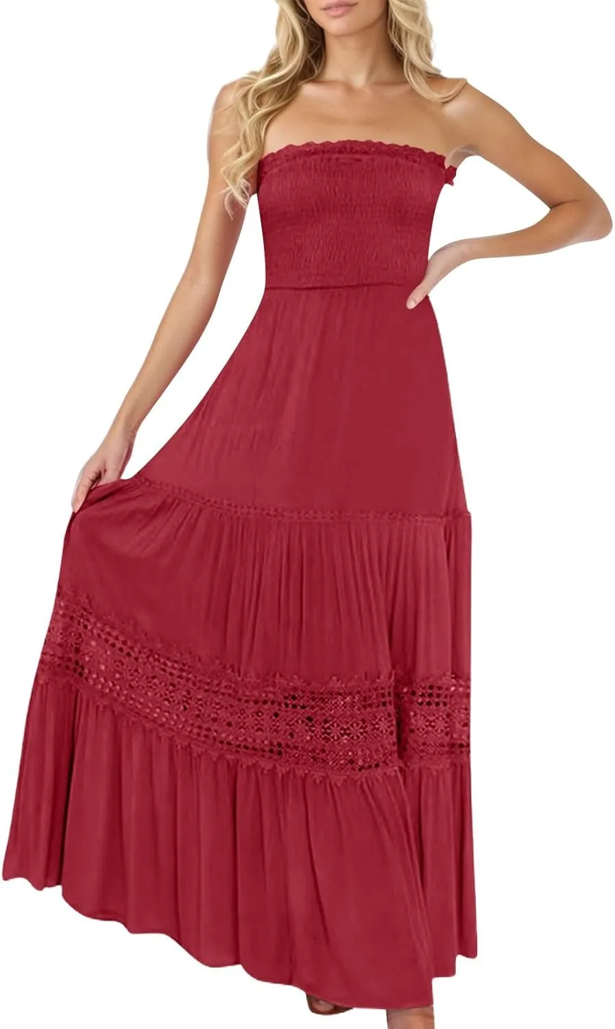 Women's Summer Bohemian Strapless Off Shoulder Lace Trim Backless Flowy A Line Beach Long Maxi Dress Sundresses