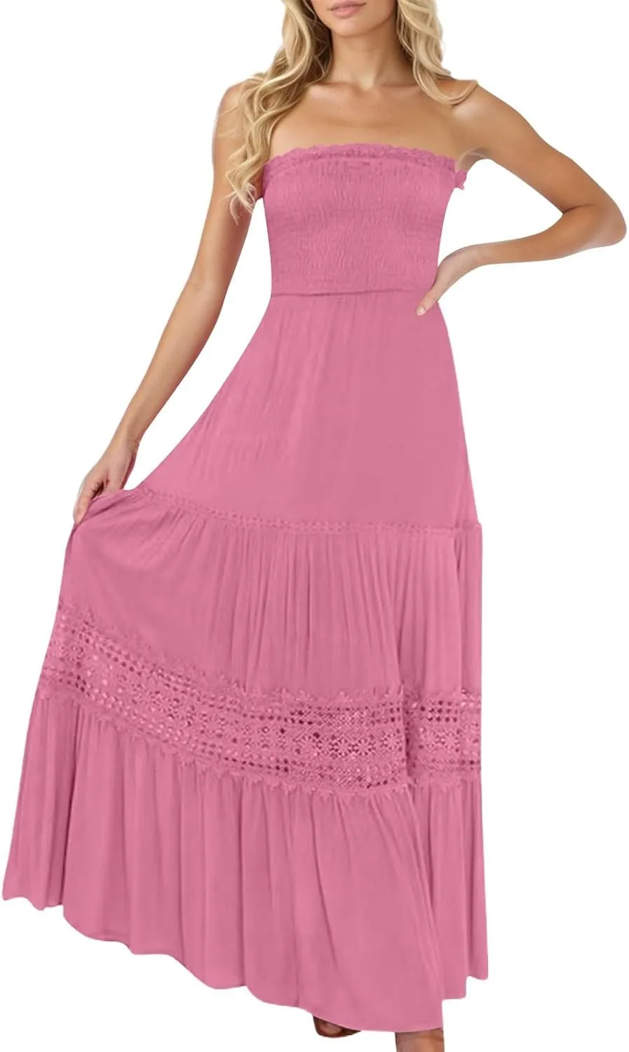 Women's Summer Bohemian Strapless Off Shoulder Lace Trim Backless Flowy A Line Beach Long Maxi Dress Sundresses