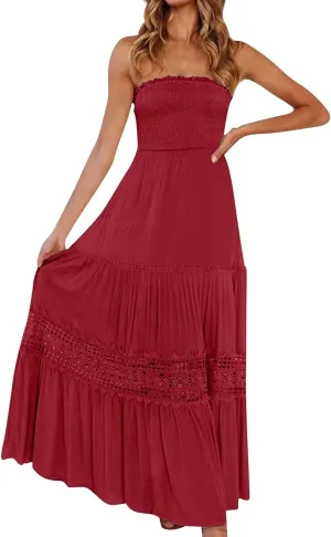 Women's Summer Bohemian Strapless Off Shoulder Lace Trim Backless Flowy A Line Beach Long Maxi Dress Sundresses