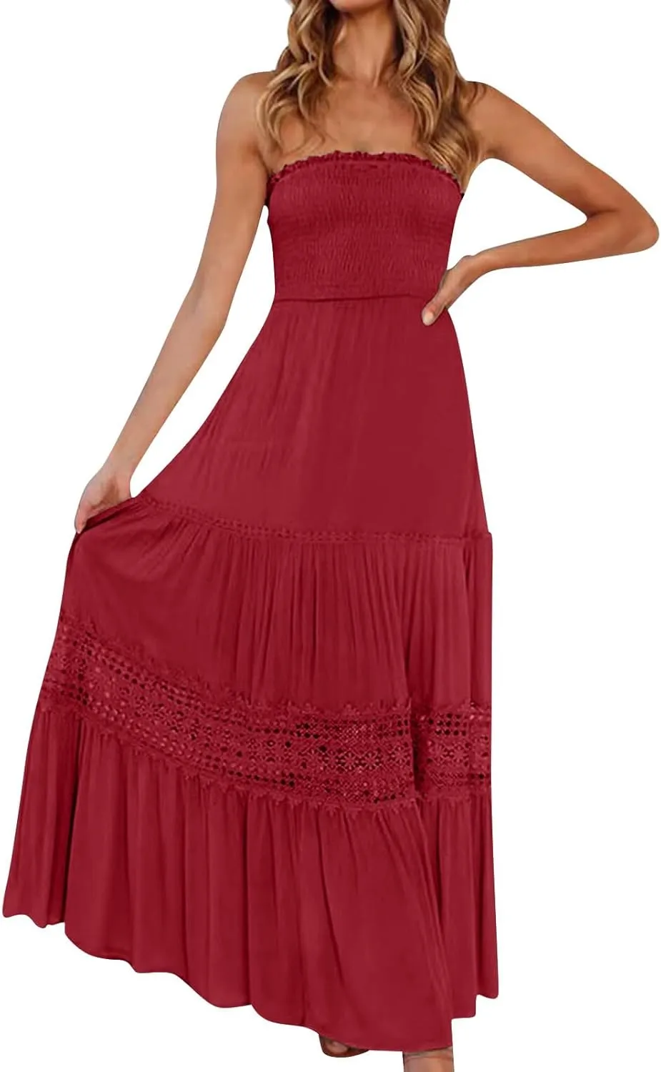 Women's Summer Bohemian Strapless Off Shoulder Lace Trim Backless Flowy A Line Beach Long Maxi Dress Sundresses