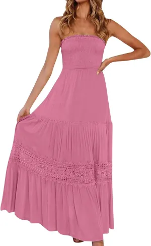 Women's Summer Bohemian Strapless Off Shoulder Lace Trim Backless Flowy A Line Beach Long Maxi Dress Sundresses