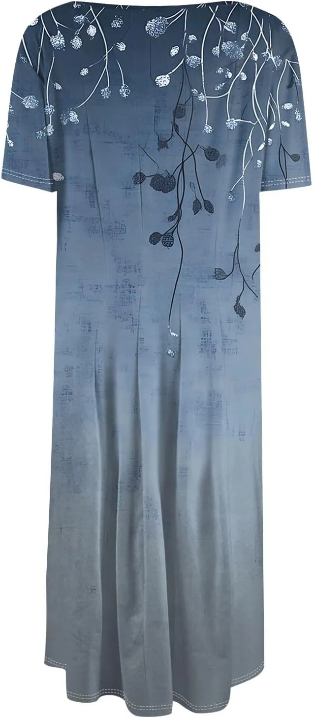 Women's Summer Casual Loose Trendy Beach Dress V-Neck Short Sleeve Floral Print Maxi Dresses, S-3XL