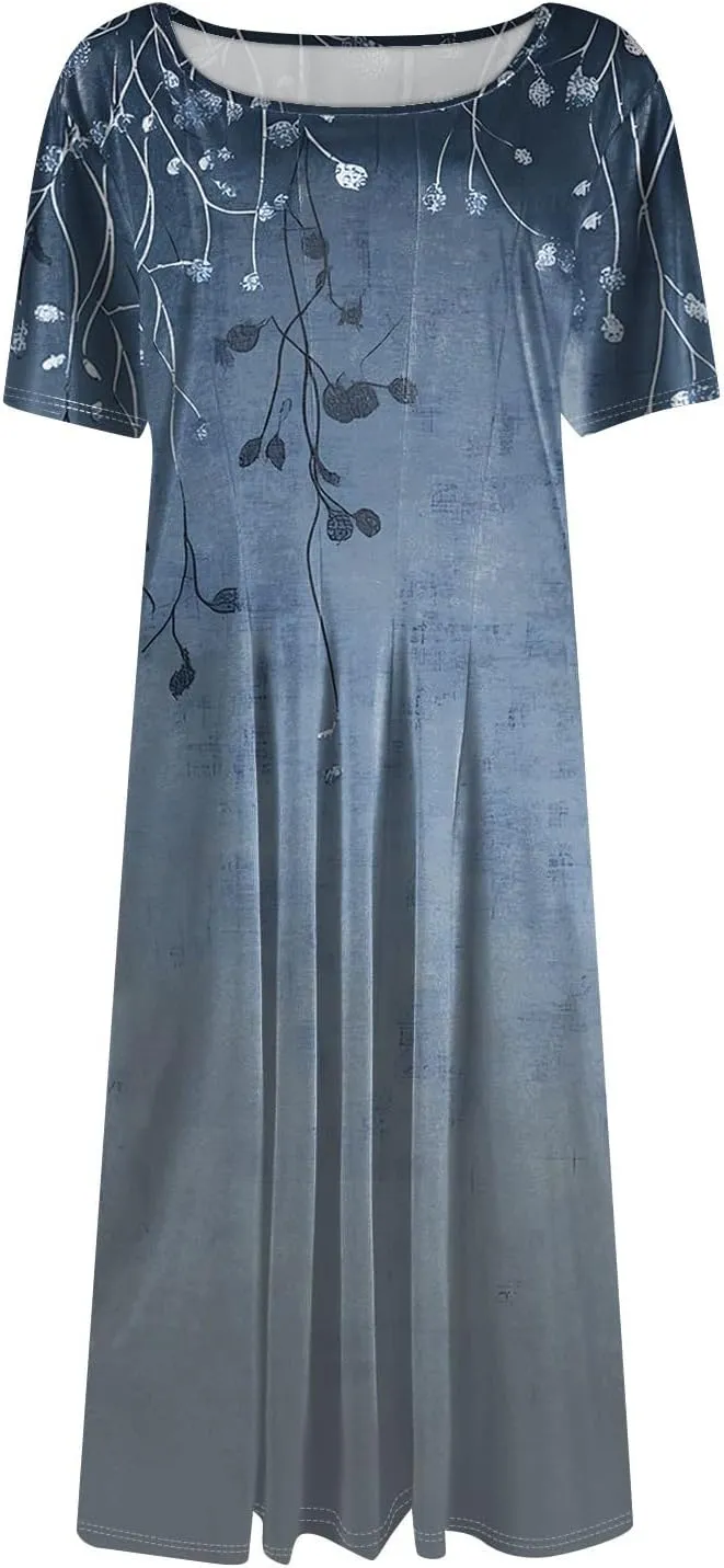 Women's Summer Casual Loose Trendy Beach Dress V-Neck Short Sleeve Floral Print Maxi Dresses, S-3XL