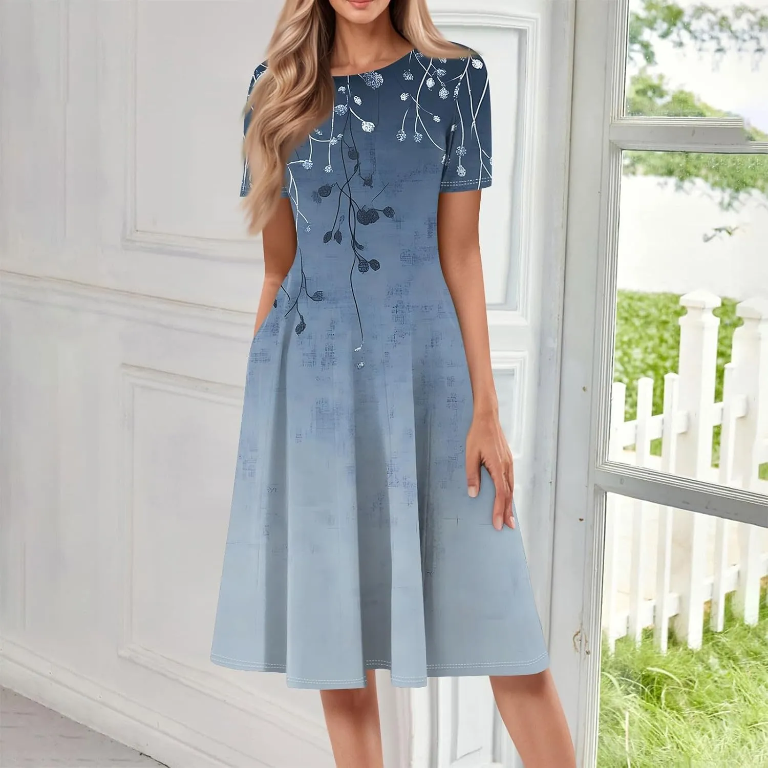 Women's Summer Casual Loose Trendy Beach Dress V-Neck Short Sleeve Floral Print Maxi Dresses, S-3XL