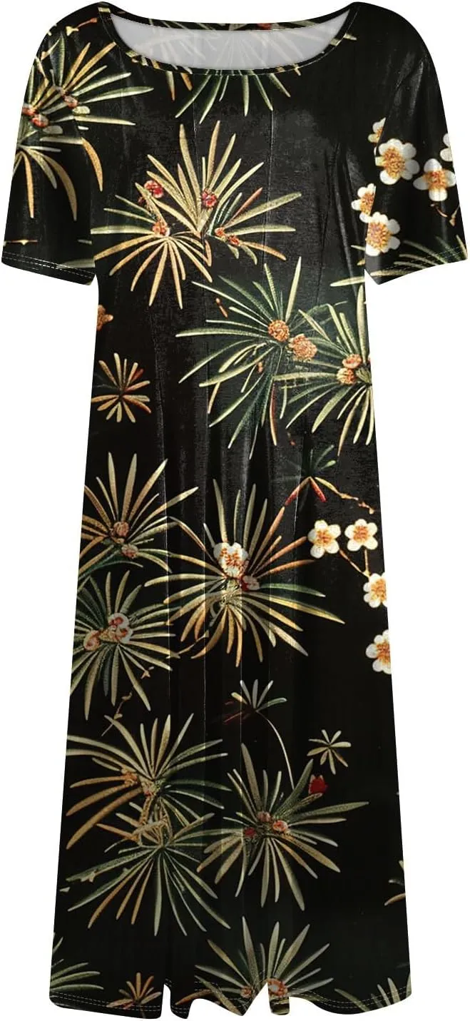 Women's Summer Casual Loose Trendy Beach Dress V-Neck Short Sleeve Floral Print Maxi Dresses, S-3XL