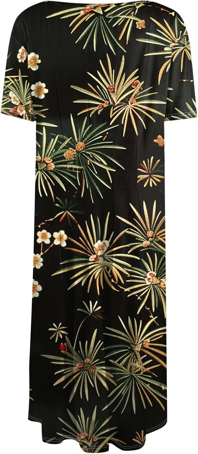 Women's Summer Casual Loose Trendy Beach Dress V-Neck Short Sleeve Floral Print Maxi Dresses, S-3XL