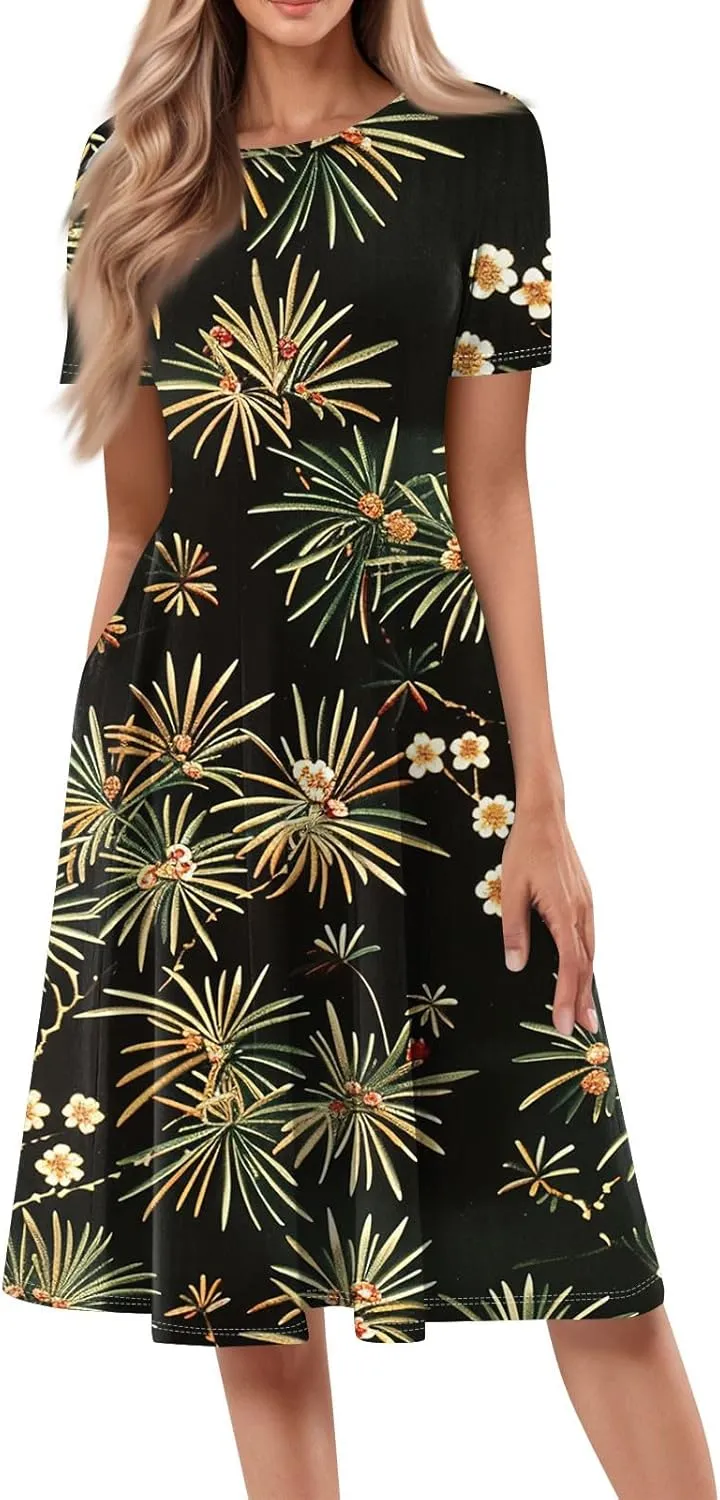 Women's Summer Casual Loose Trendy Beach Dress V-Neck Short Sleeve Floral Print Maxi Dresses, S-3XL