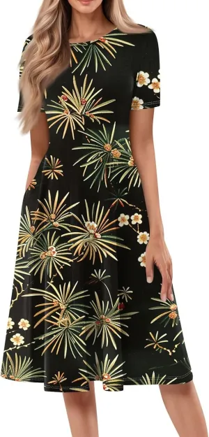 Women's Summer Casual Loose Trendy Beach Dress V-Neck Short Sleeve Floral Print Maxi Dresses, S-3XL