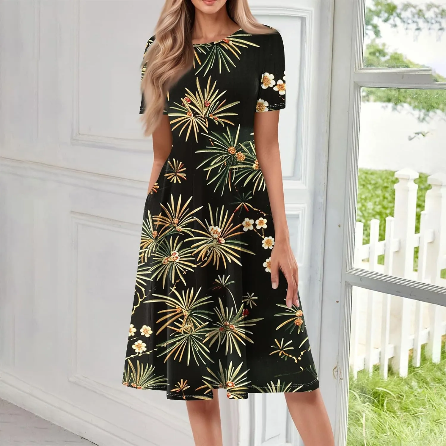 Women's Summer Casual Loose Trendy Beach Dress V-Neck Short Sleeve Floral Print Maxi Dresses, S-3XL