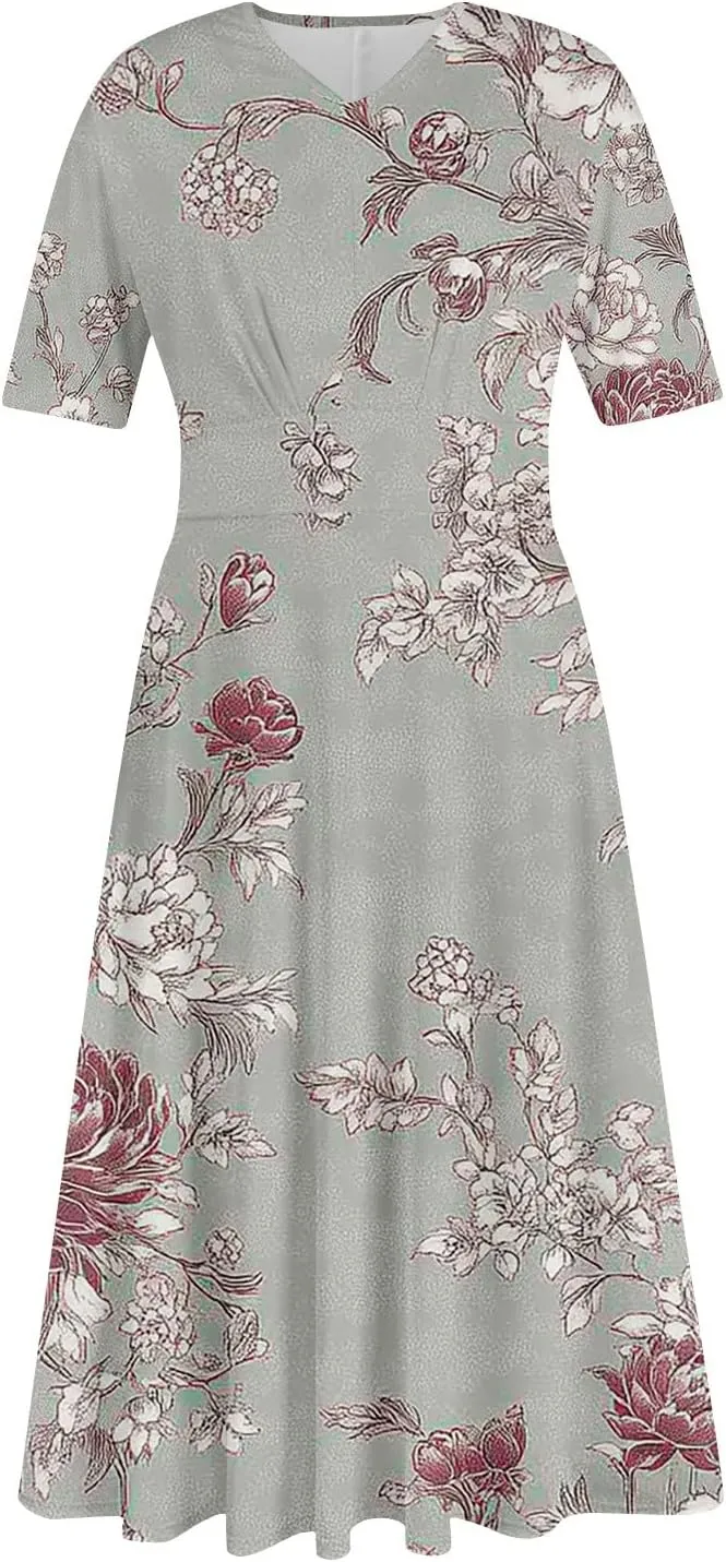 Women's Summer Casual Trendy Dress Short Sleeve V-Neck Bohemian Floral Print Elegant Maxi Dresses, S-2XL