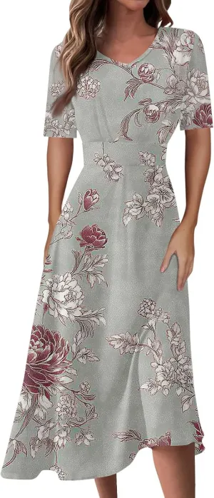 Women's Summer Casual Trendy Dress Short Sleeve V-Neck Bohemian Floral Print Elegant Maxi Dresses, S-2XL