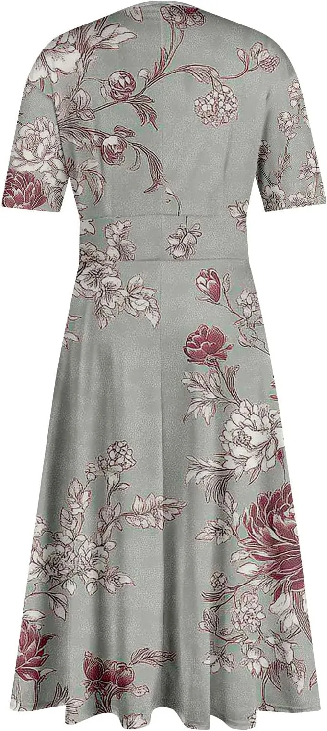 Women's Summer Casual Trendy Dress Short Sleeve V-Neck Bohemian Floral Print Elegant Maxi Dresses, S-2XL