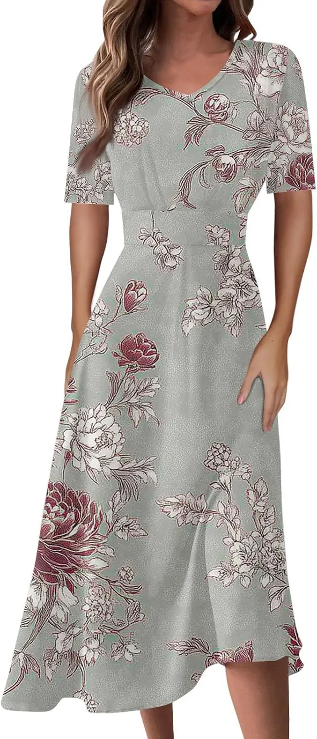Women's Summer Casual Trendy Dress Short Sleeve V-Neck Bohemian Floral Print Elegant Maxi Dresses, S-2XL