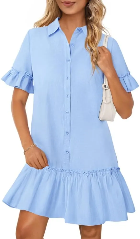 Women's Summer Cotton and Linen Button-Down Shirt Dress, Casual Ruffle Sleeve Straight mini Dress with Pockets