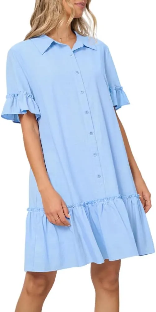 Women's Summer Cotton and Linen Button-Down Shirt Dress, Casual Ruffle Sleeve Straight mini Dress with Pockets
