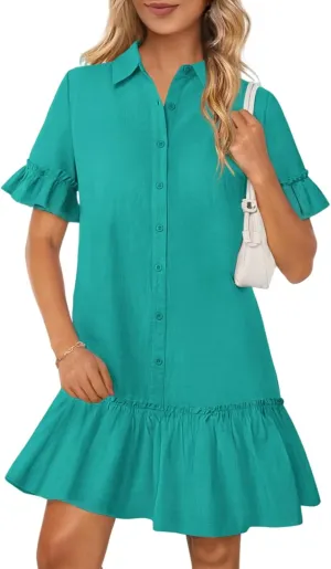 Women's Summer Cotton and Linen Button-Down Shirt Dress, Casual Ruffle Sleeve Straight mini Dress with Pockets