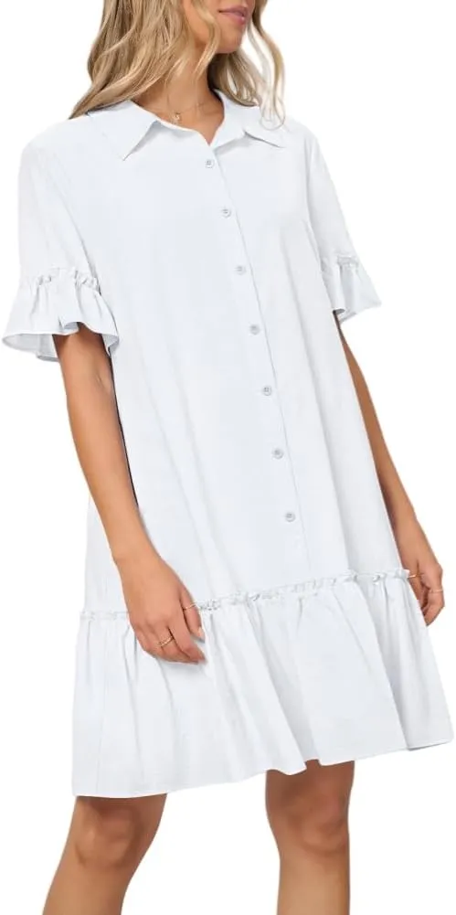 Women's Summer Cotton and Linen Button-Down Shirt Dress, Casual Ruffle Sleeve Straight mini Dress with Pockets