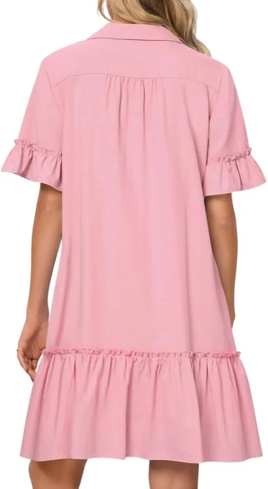 Women's Summer Cotton and Linen Button-Down Shirt Dress, Casual Ruffle Sleeve Straight mini Dress with Pockets