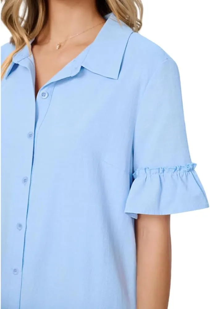 Women's Summer Cotton and Linen Button-Down Shirt Dress, Casual Ruffle Sleeve Straight mini Dress with Pockets