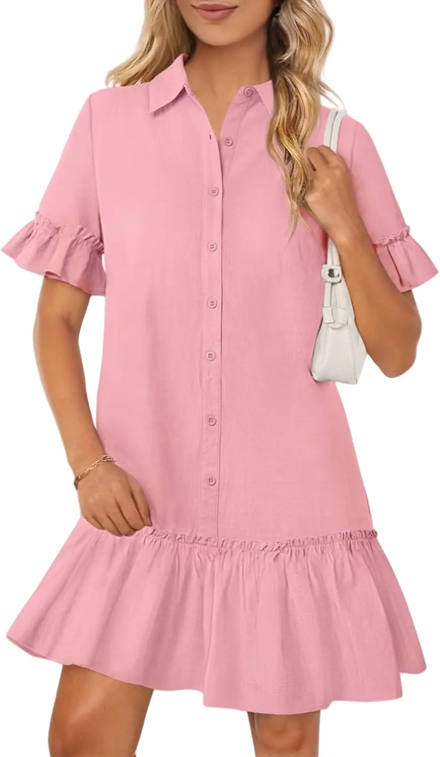 Women's Summer Cotton and Linen Button-Down Shirt Dress, Casual Ruffle Sleeve Straight mini Dress with Pockets