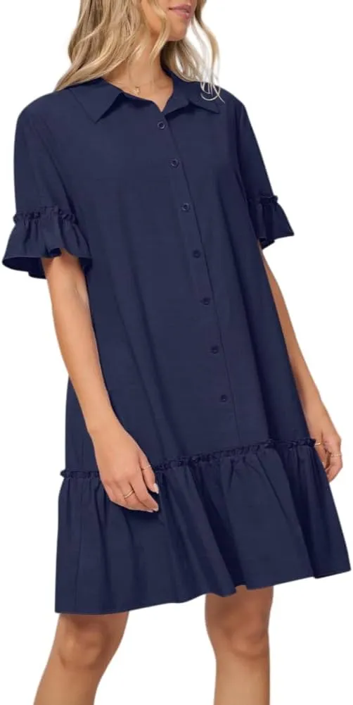 Women's Summer Cotton and Linen Button-Down Shirt Dress, Casual Ruffle Sleeve Straight mini Dress with Pockets