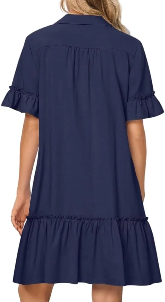 Women's Summer Cotton and Linen Button-Down Shirt Dress, Casual Ruffle Sleeve Straight mini Dress with Pockets